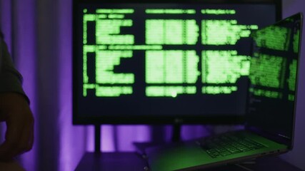 Senior technician scrutinizing script structure on digital display with intense focus, Experienced engineer carefully reviewing source code and layout on computer in tranquil studio environment