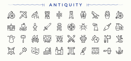 Antiquity icon collection. Pictograms of historical, museum, undo, ancient, document and more. Ancient icon set. Simple line vector icons. Editable vector art and illustration.