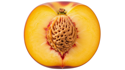 Symmetrical cross section of perfectly ripe peach highlighting fuzzy skin and central stone in macro detail
