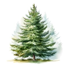 Fototapeta premium Watercolor painting of a serene fir tree in a forest with other trees in the background