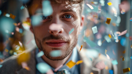 Joyful man amidst falling confetti, celebrating an achievement or personal milestone with a cheerful, hopeful expression on his face.
