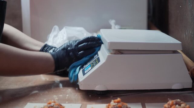 A kitchen worker carefully wipes down digital kitchen scales with a sanitizing cloth, demonstrating essential hygiene practices in a professional restaurant environment.
