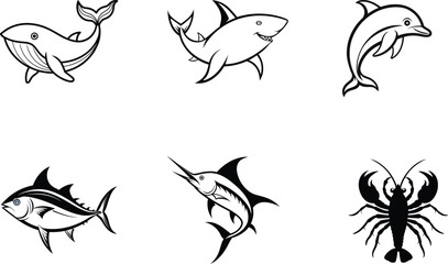 Marine wildlife icon set with various sea creatures