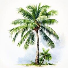 Obraz premium Watercolor painting of a coconut palm tree with coconuts in a tropical scene