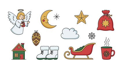 Holiday Elements Collection: Festive ornaments with angel, star, moon, santa bag, and other festive illustrations, perfect for holiday-themed design projects