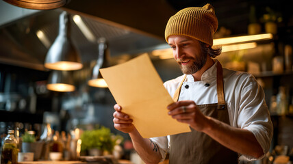 Chef smiles at a menu in the kitchen. A glimpse into culinary planning and the art of crafting delightful dining experiences. 