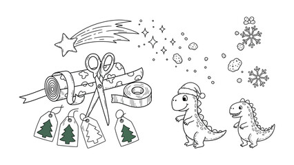 Holiday Prep: Two cute dinosaurs, wear Santa hat, prepare Christmas gift package and decorations. The illustration depicts festive details like gift wrap, ribbons, and snowflake.