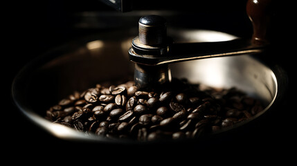 A close-up shot of a manual coffee grinder filled with dark roasted coffee beans, ready to be ground. Preparing for a fresh brew of aromatic coffee on dark background.