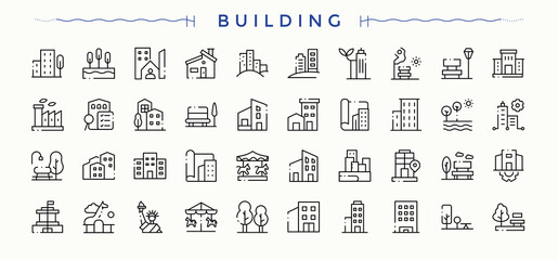 Building related icon set. Real Estate icon set. Contain linear symbols real estate, residential, home, villa, shop, town and more. Editable stroke. Vector collection.