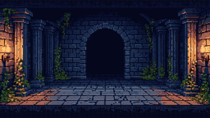 Dark pixel art ancient ruin or dungeon interior with stone pillars and archway, illuminated by sconces, suitable for video game background.