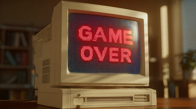 Retro PC monitor displaying "GAME OVER" in bright red. The vintage aesthetic evokes nostalgia for classic gaming and early computer technology. Warm lighting adds a cozy feel. - Powered by Adobe