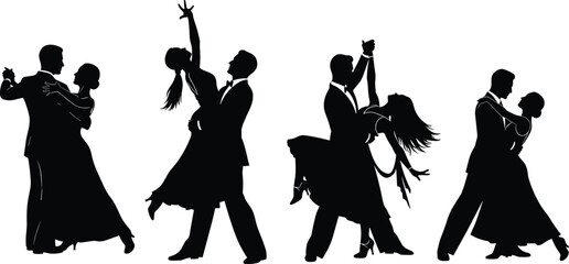 Ballroom dancing couple silhouette set elegant partners tango waltz romantic dance movement illustration isolated