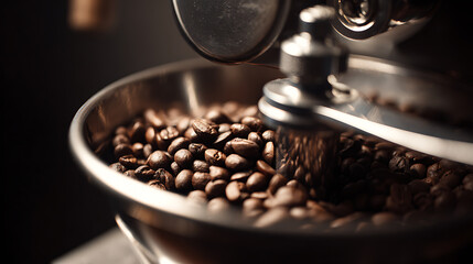A close-up of coffee beans inside a grinder, set against a dark backdrop, highlighting the texture and richness of the beans. Awaiting the grind for a fresh brew.