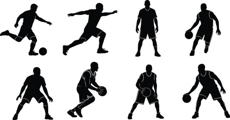 Basketball player silhouette set action poses dribbling shooting sport athlete competition illustration isolated