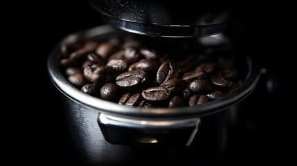 Aromatic coffee beans in a portafilter, promising a rich, flavorful brew. Dark roasted beans ready for grinding, offering an energizing start to the day.