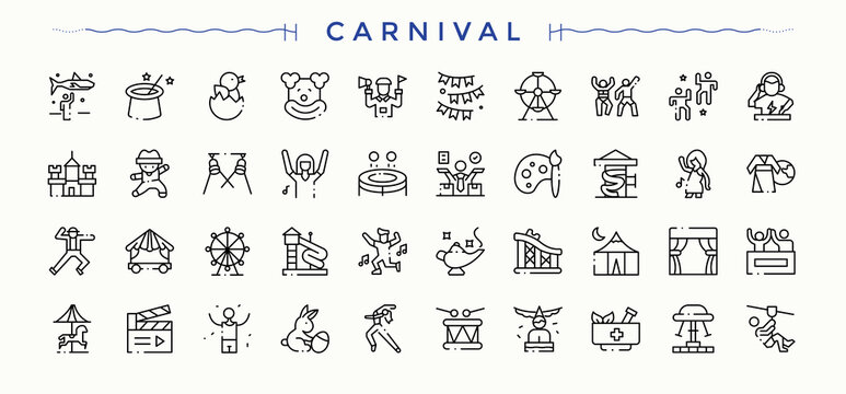 Carnival icon set. Amusement vector outline icons collection. Outline icons collection. Fun icon set. Editable vector art and illustration.