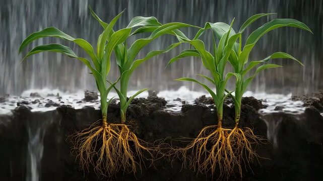 Young maize plants exhibit robust subterranean root systems.  In dark soil, their green stalks and leaves develop.