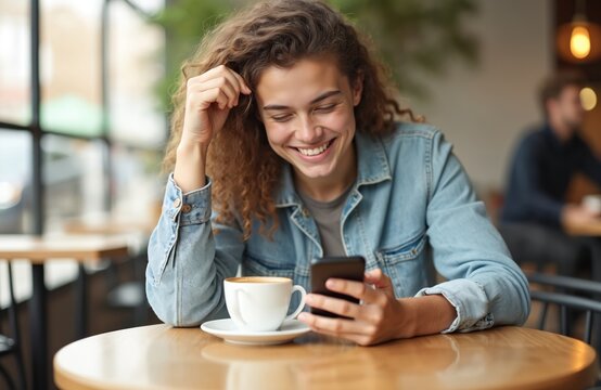 Happy curly haired woman smiles, sits in stylish modern cafe. Holds smartphone, enjoying relaxed coffee break. Female college student browses social media on phone, connecting online. Girl relaxes at - Powered by Adobe