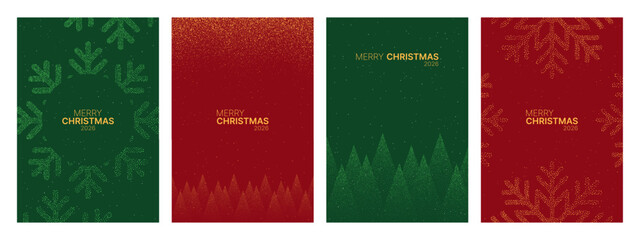 Set of four Merry Christmas minimal glitter vector design cards. Winter holiday celebration invitation with snowflake, tree, and festive elements.