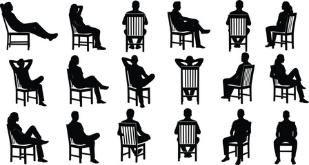 People sitting chair silhouette set relaxed postures seated men women leisure waiting illustration isolated