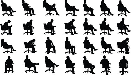 People sitting office chair silhouette set business waiting postures seated men women illustration isolated