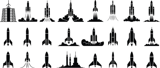 Rocket and Launch Platform Silhouettes Depicting Flight Stages and Pad Designs for Aerospace, Education, and Tech Illustration Projects