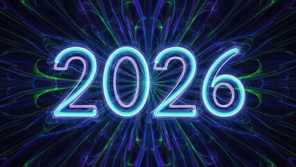 Vibrant neon 2026 text on abstract futuristic fractal background