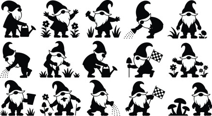 Collection of garden gnome silhouettes featuring cute characters watering plants, planting seeds, gardening tools, flowers, and mushrooms for whimsical illustration and creative projects