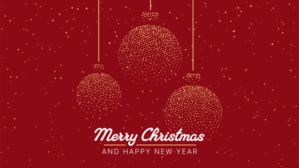 Obraz premium Golden speckled Christmas bauble ornaments on a red background with Merry Christmas and Happy New Year message for holiday greeting card design.