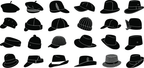 Collection of hat silhouettes featuring caps, beanies, berets, fedoras, bucket hats, and various headwear styles for fashion illustration, design projects, and creative use