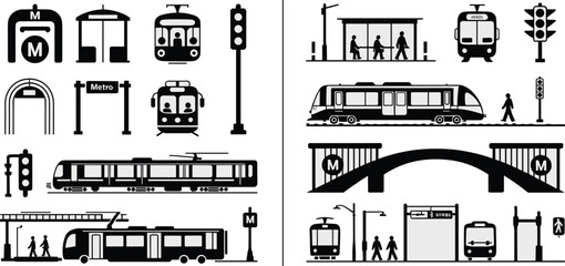 Collection of metro transport icons featuring trains, buses, stations, tunnels, traffic lights, and passengers for urban transit design, signage, and illustration projects