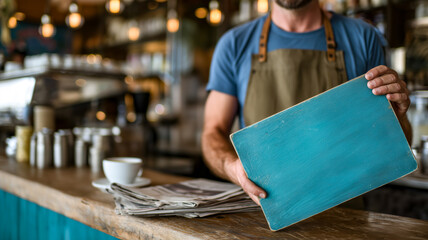 Man with apron holding blank sign in a coffee shop, offering a space for customization, special deals or information. 