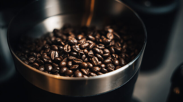 Coffee beans fill a metallic bowl, ready for brewing. The rich, dark aroma promises a flavorful cup. Indulge in the essence of pure coffee perfection, a treat!