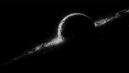 Planet with glowing particles in space. Astronomical object with a bright dust ring in the dark universe. Cosmic background for science and technology concept. © hiten666