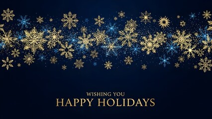 Golden and blue glittering snowflakes falling on dark blue background for happy holidays greeting card