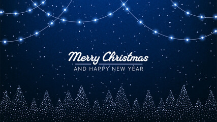 Obraz na płótnie Canvas Blue Merry Christmas background with hanging string light and sparkly tree silhouettes. Modern holiday greeting card design for New Year celebration.