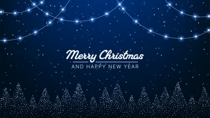 Fototapeten Pony Blue Merry Christmas background with hanging string light and sparkly tree silhouettes. Modern holiday greeting card design for New Year celebration.  © hiten666