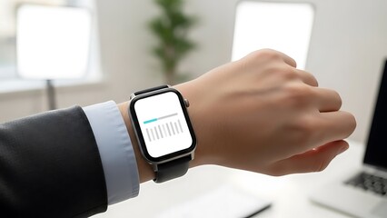 Close-up of a persons wrist wearing a smartwatch displaying a health monitoring application in an office setting.