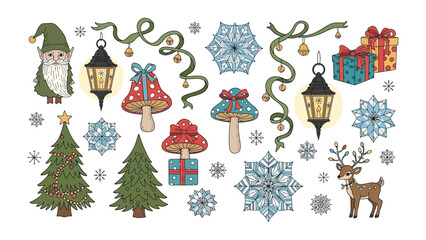 Festive Christmas Elements Collection: A collection of charming festive elements. Including gifts, an elf, a Christmas tree, and decorations, ideal for holiday-themed designs.