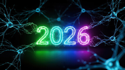 Digital 2026 glowing polygonal text with abstract neuron network