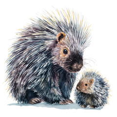 Porcupine With Its Baby in watercolor painting style, vector illustration on white background.