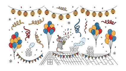 Festive Rooftop Celebration: A charming illustration showcases a joyful rooftop scene filled with balloons, garlands, and a spirited character, radiating a sense of celebration and festivity.