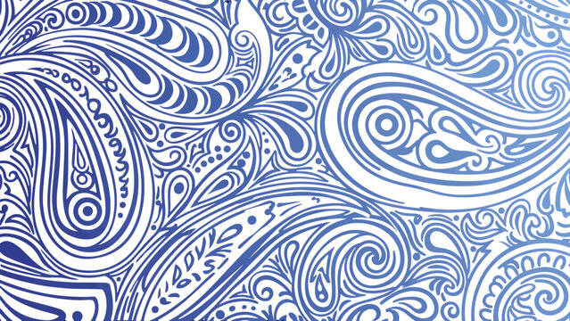 Intricate blue paisley pattern with swirling floral and organic motifs on a white background.