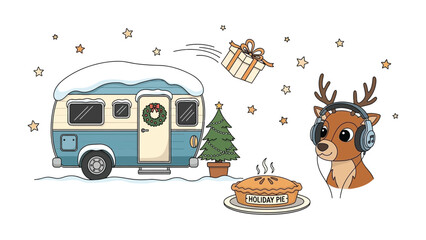 Cozy Caravan Christmas: An illustration of a holiday-themed scene featuring a festive camper, snow, presents, pie and a musical deer creating a heartwarming Christmas scene.