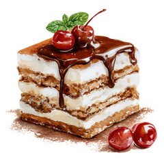 Watercolor illustration of Tiramisu Cake, vector artwork, isolated on white background.