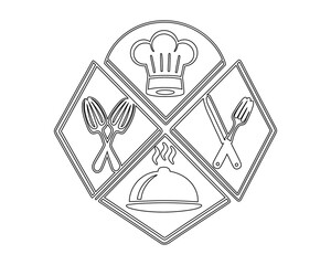 A sketch of a crest-like emblem featuring a chef's hat, crossed utensils, and a covered dish, symbolizing the culinary arts