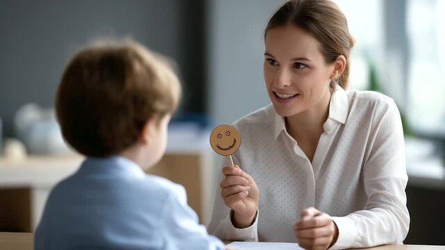 Emotion emoticons used by psychologist during therapy session with child with autism spectrum disorder therapeutic tools emotional learning psychological treatment