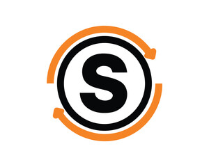 A stylized graphic featuring a prominent black letter S enclosed within concentric black and orange circular elements against a white background