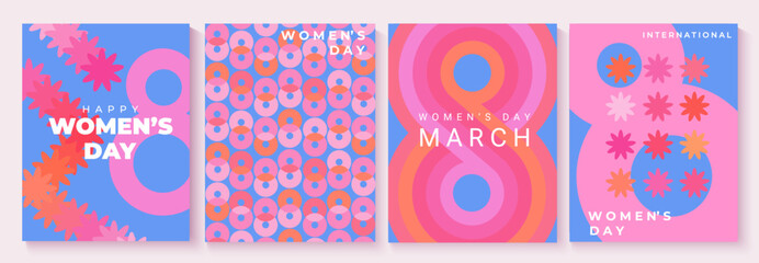 Set greetings cards and backgrounds for International Womens Day. Flyers for March 8 with patterns, flowers and number eight. Template for your design, web, banners, posters,social media, sales.Vector
