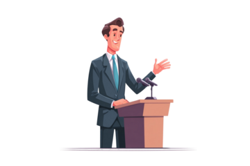 Cartoon man in suit giving a speech at podium with microphone on a black isolated background scene